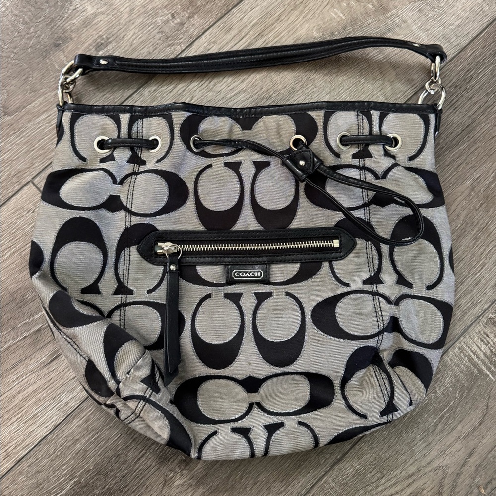 Coach Black and Gray Signature Shoulder Bag with Front Zip